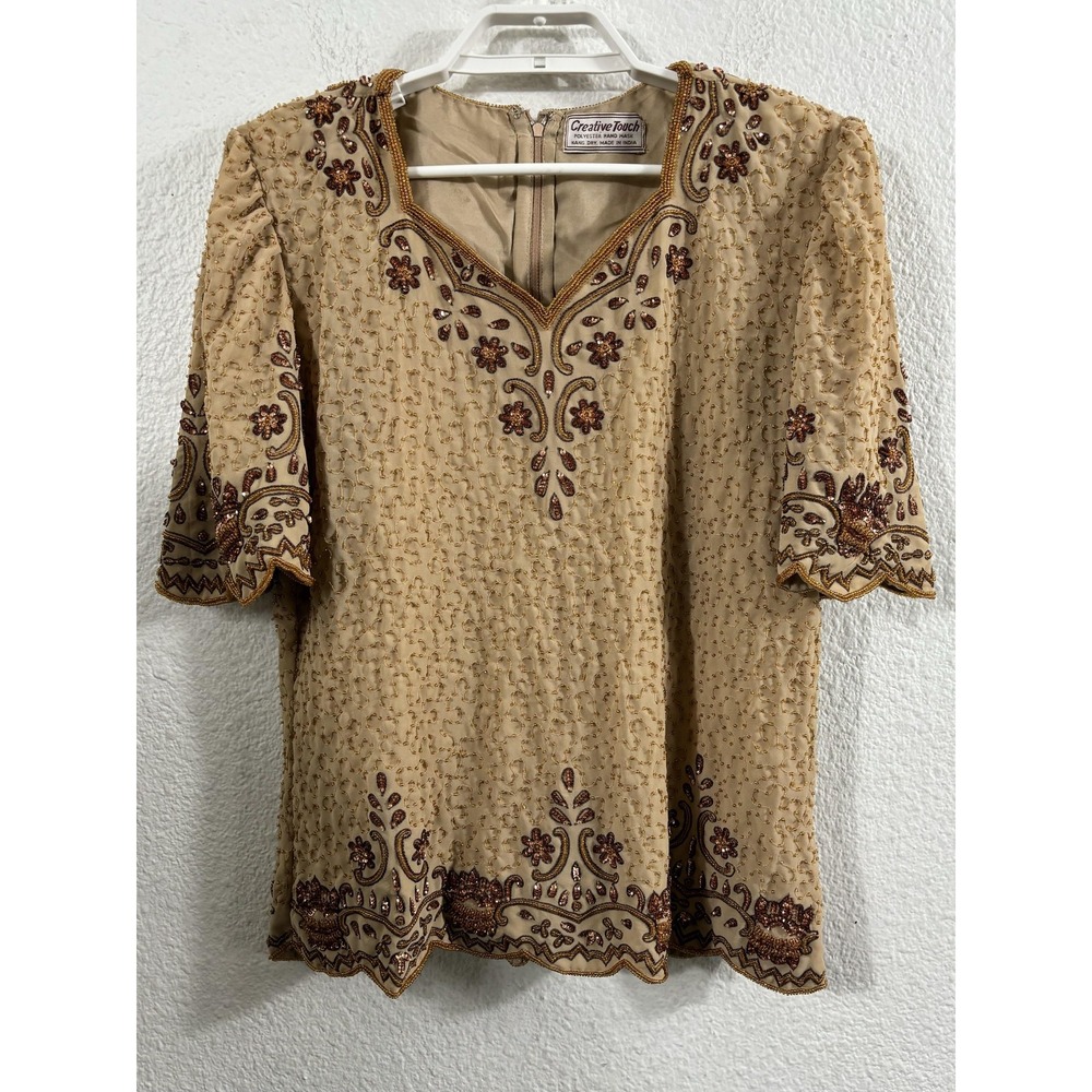Vintage Creative Touch Blouse Womens Large Beige Beaded Sequin Top 90s